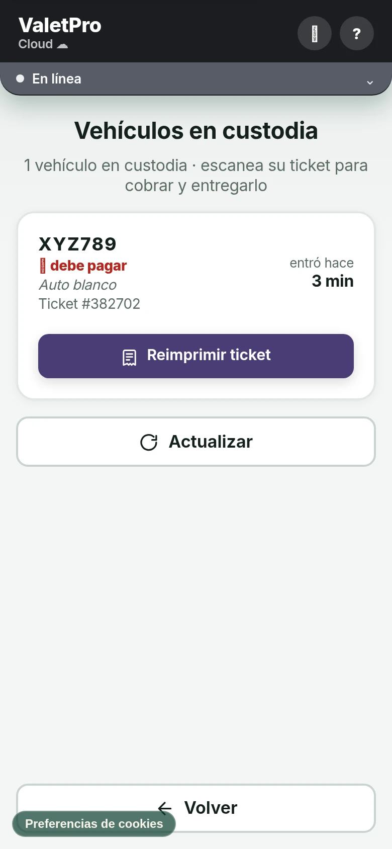 Lista de vehículos dentro con el tiempo que lleva cada uno