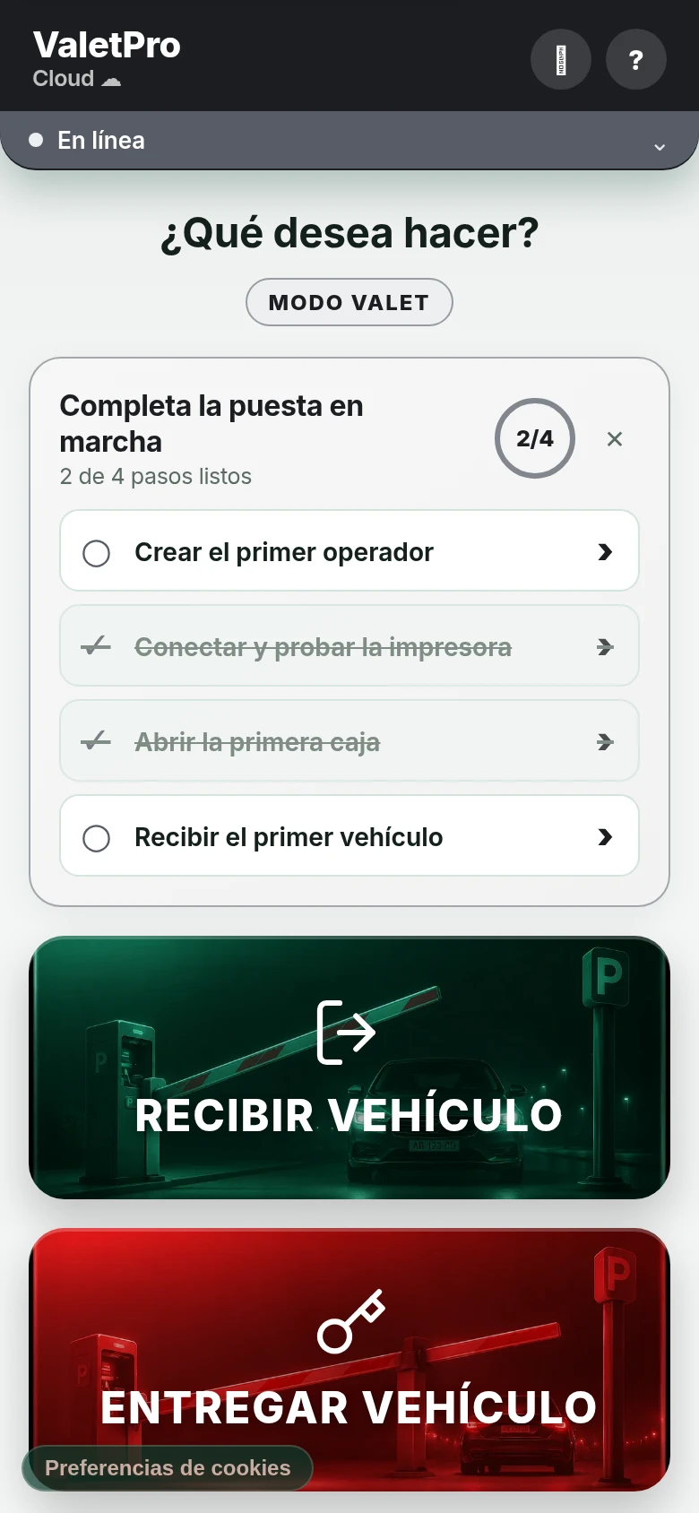 Menú de valet de ValetProCloud para recibir y entregar vehículos